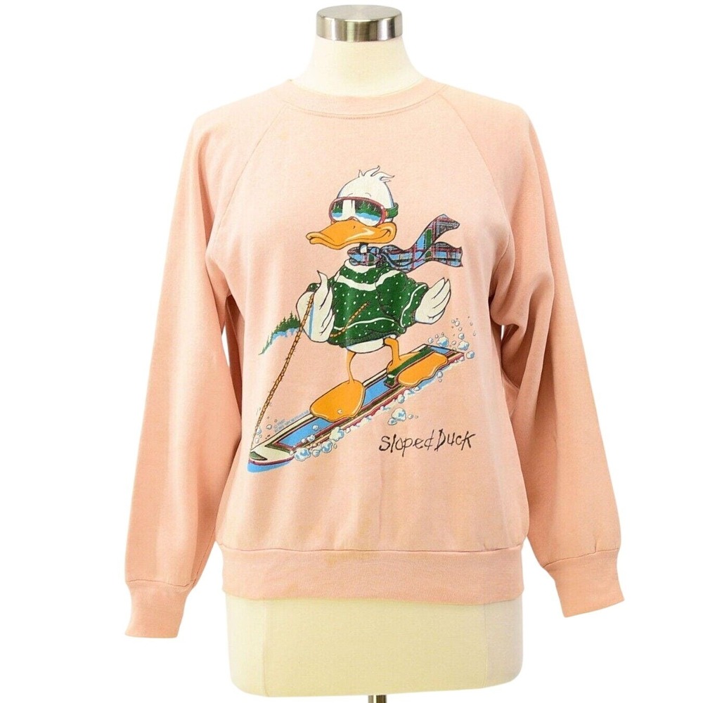 80s Vintage Ski Duck Sweatshirt Womens L Peach Pink Graphic Sweater Novelty